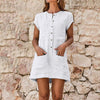 2022 Women's Casual Mini Dress Short Sleeve Button Cotton Linen Ladies Summer Loose Breasted Pocket Solid Short Dresses #T3G