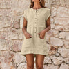 2022 Women's Casual Mini Dress Short Sleeve Button Cotton Linen Ladies Summer Loose Breasted Pocket Solid Short Dresses #T3G