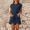 2022 Women's Casual Mini Dress Short Sleeve Button Cotton Linen Ladies Summer Loose Breasted Pocket Solid Short Dresses #T3G