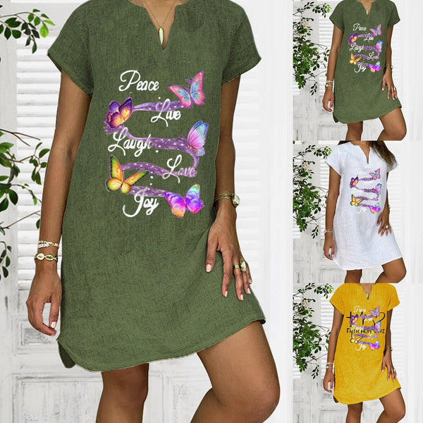 2022 Women's Cotton Linen Dress Woman  Loose Butterfly Print Vestidos Short Sleeve V-neck Summer Dress Robes Sundress