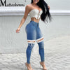 2022 Women's Criss Cross Lace Up Ripped Jeans Sexy High Waist Elastic Long Pencil Denim Pants High Street Hole Trousers