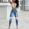 2022 Women's Criss Cross Lace Up Ripped Jeans Sexy High Waist Elastic Long Pencil Denim Pants High Street Hole Trousers