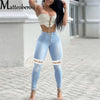 2022 Women's Criss Cross Lace Up Ripped Jeans Sexy High Waist Elastic Long Pencil Denim Pants High Street Hole Trousers