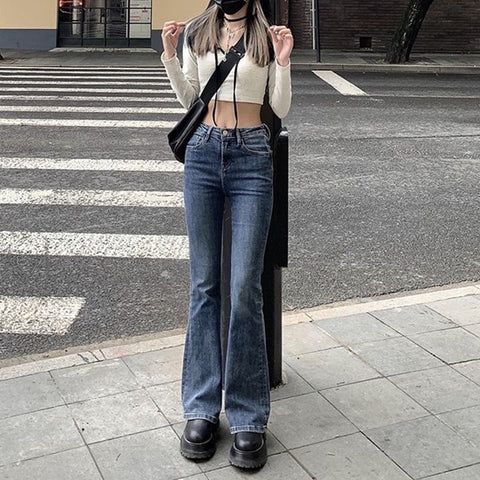 2022 Women's High Waist Vintage Trumpet Jeans Female Lady Streetwear  Elastic Slim Denim Flare Boot Cut Pants For Women