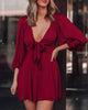 2022 Women's Mini Satin Puff Sleeve Plunge Tie Front Dress Solid Bow Summer Spring Party Casual Chic Sexy V Neck Dress