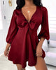 2022 Women's Mini Satin Puff Sleeve Plunge Tie Front Dress Solid Bow Summer Spring Party Casual Chic Sexy V Neck Dress