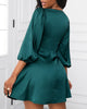 2022 Women's Mini Satin Puff Sleeve Plunge Tie Front Dress Solid Bow Summer Spring Party Casual Chic Sexy V Neck Dress