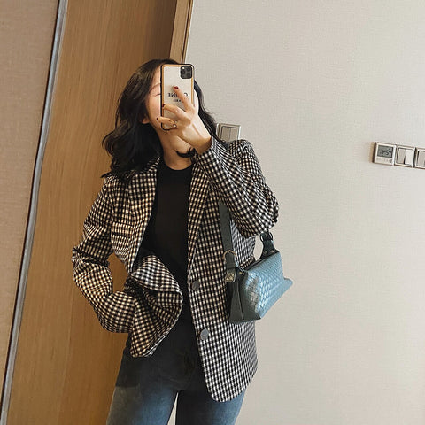 2023 Women's Spring Autumn Black Plaid Checkered Jacket Blazer Dress Suit Za Woman Coat Clothing Office Top Elegant Cardigan Y2K