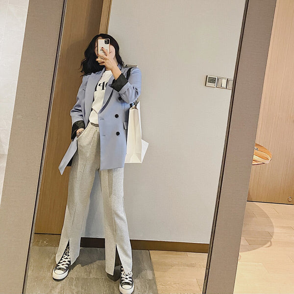 2023 Women's Spring Autumn Blue Solid Oversize Long Jacket Blazer Dress Suit Za Woman Coat Clothes Office Top Korean Y2K