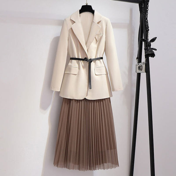 2022 Women's Suit Autumn Apricot Blazer + Pleated Mesh Skirt Suit Two-Piece Temperament Women's Suit Skirt
