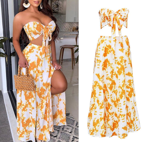 2022 Women's Summer Sexy Bra Slim Dress Two Piece Lace Up Print Set Skirt Suits For Work Women For Blazer Feminino Sale