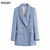 2022 Women's Vintage Plaid Double Breasted Tweed Blazers Coat Women Elegant Office Ladies Long Sleeve Female Outerwear Blaser