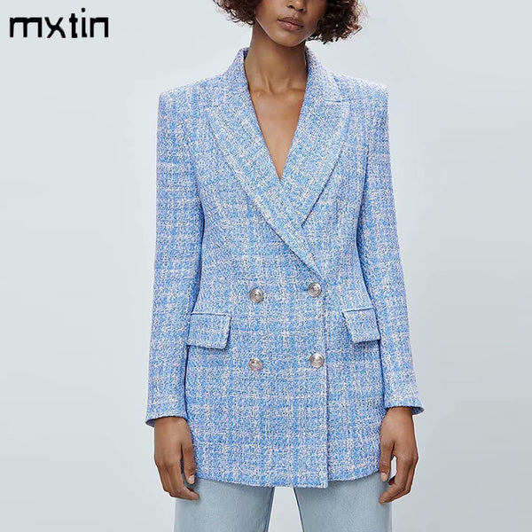 2022 Women's Vintage Plaid Double Breasted Tweed Blazers Coat Women Elegant Office Ladies Long Sleeve Female Outerwear Blaser