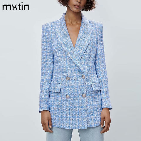 2022 Women's Vintage Plaid Double Breasted Tweed Blazers Coat Women Elegant Office Ladies Long Sleeve Female Outerwear Blaser
