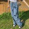 2022 Women\u2022s Korean Wide Leg Jeans Personality Heart Patchwork High Waist Denim Long Pants