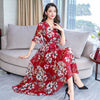 2023 Womens Sexy V-Neck Dresses Printing Of Flower Female Short Sleeve Long Dress Slim Waist Dress Vestido De Mujer