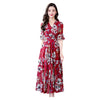2023 Womens Sexy V-Neck Dresses Printing Of Flower Female Short Sleeve Long Dress Slim Waist Dress Vestido De Mujer