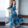 2023 Womens Sexy V-Neck Dresses Printing Of Flower Female Short Sleeve Long Dress Slim Waist Dress Vestido De Mujer