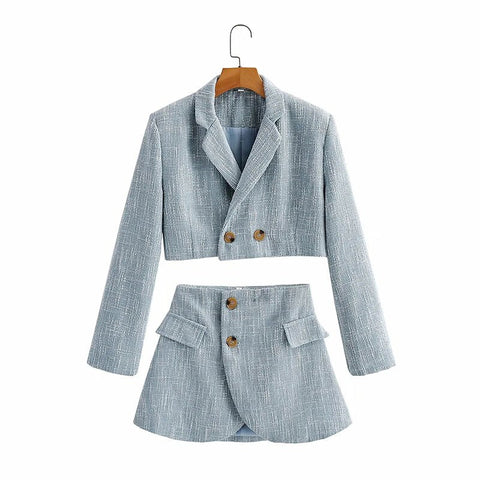 2022 Za Women's Autumn Short Suit Vintage Office Long sleeve Blazer Coat+High Waist Skirt Female clothing Two Piece Set