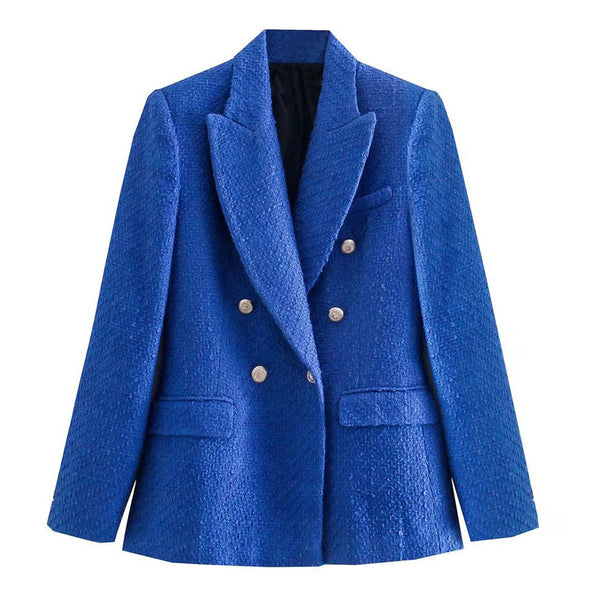 2023 Zaa Women Double Breasted Tweed Solid Blazer Coat Vintage Long Sleeve Pockets Female Outerwear Chic