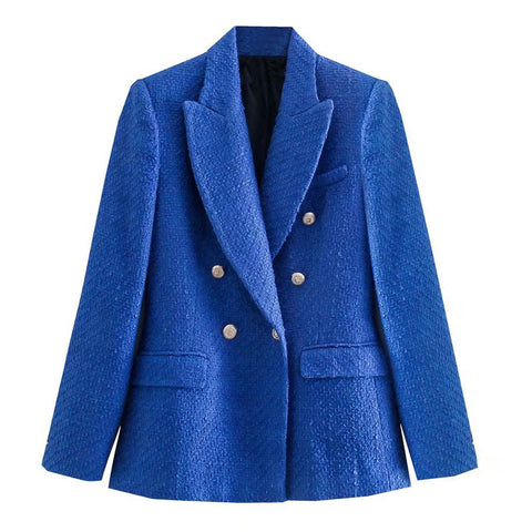 2023 Zaa Women Double Breasted Tweed Solid Blazer Coat Vintage Long Sleeve Pockets Female Outerwear Chic