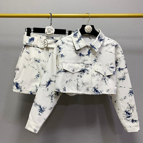 2022 autumn European style tie-dye print short coat female + high waist mini skirt suit