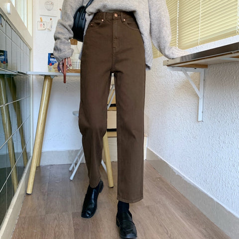 2022 autumn Brown Straight Denim Vintage Slender Office Lady Jeans Women Trousers High Waist Large Size Pants Female KZ703
