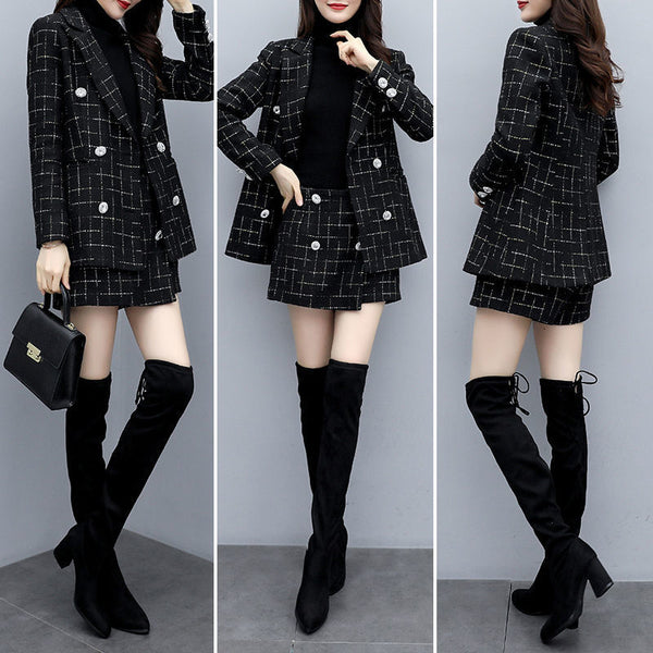 2022 autumn and winter small fragrance two-piece thick suit skirt suit women's plaid jacket casual pants woolen