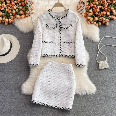 2022 autumn and winter light  ladies small fragrance suit women tweed short coat and skirt two-piece suit