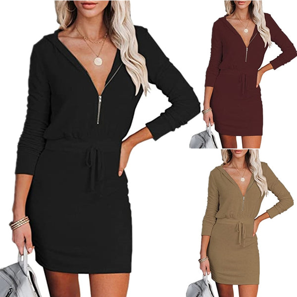 2022 autumn and winter women's solid color zipper long-sleeved hooded waist dress