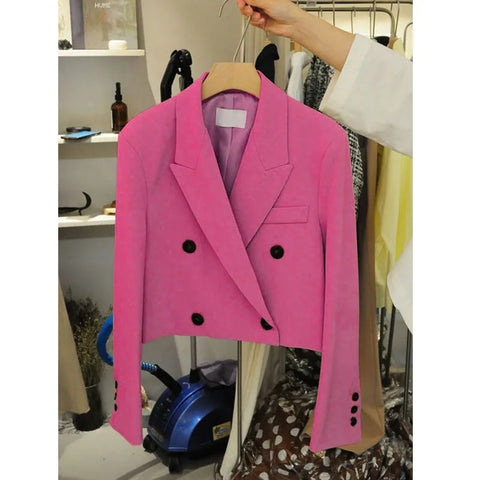 2022 autumn casual British wind small suit jacket women's double-breasted short suit top short blazer Button  Polyester