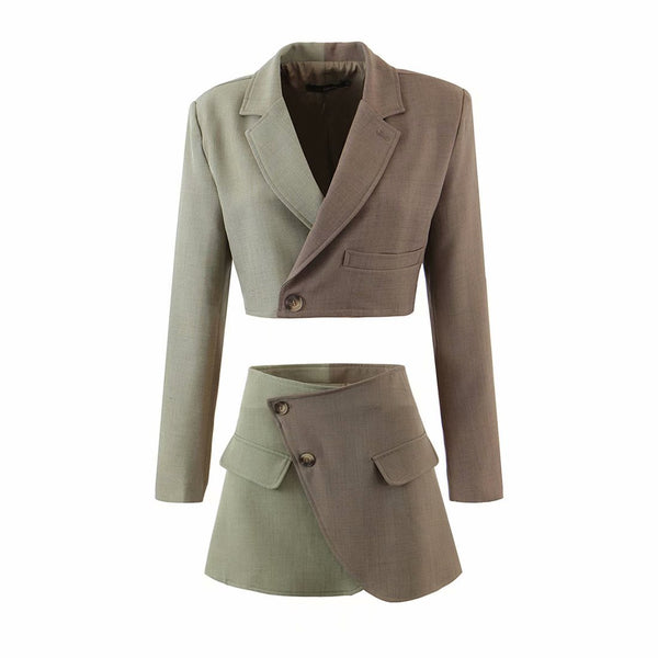 2022 autumn product European and American style yin and yang color matching small suit jacket + mini skirt suit
