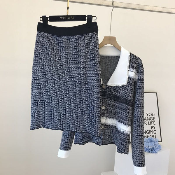 2022 autumn products Han Fan ol temperament style lace and gray plaid lapel jacket + skirt knit cover