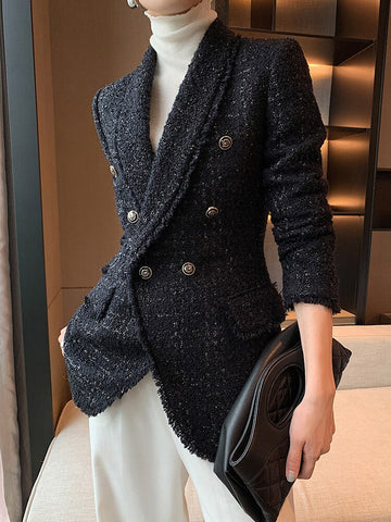 2022 autumn style small fragrant black temperament wool small suit jacket women's self-cultivation suit blouse