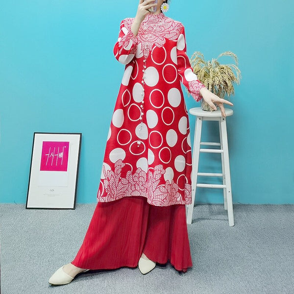 2022 autumn women's high neck midi dress Miyak fold Fashionable Loose Plus Size Mother's Wear Chinese Style Printed Dress