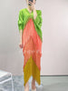 2022 autumn women's tassel dress Miyak fold large size loose color matching and thin mid-length dress