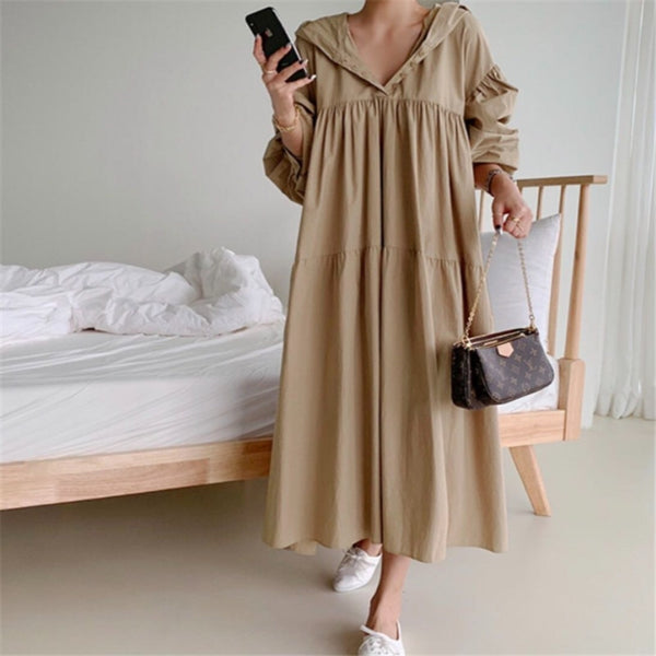 2022 early spring simple solid cascading pleated hoodies down solid long dress simple classic retro temreprament dress 2022 new