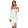 2022 high neck open back dress solid color sexy slim fit bag hip dress with diamond single sleeve long sleeve bandage dress