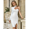 2022 high neck open back dress solid color sexy slim fit bag hip dress with diamond single sleeve long sleeve bandage dress