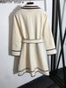 2022  autumn and winter women's contrast stitching lace up waist closing slim long sleeve Lapel dress