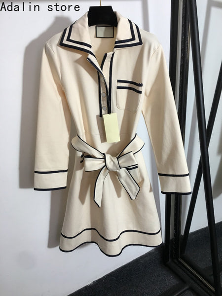2022  autumn and winter women's contrast stitching lace up waist closing slim long sleeve Lapel dress