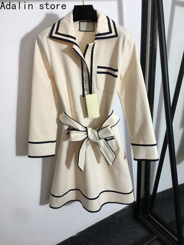 2022  autumn and winter women's contrast stitching lace up waist closing slim long sleeve Lapel dress
