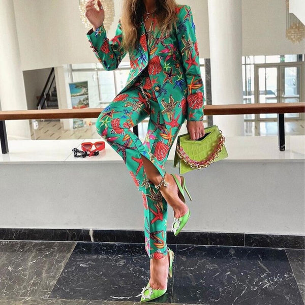 2022 European American classic women's starfish Printed Blazer small suit all-match jacket Chic Lady coat Female Outwear top