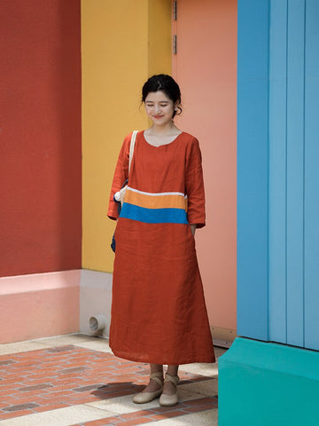 2022  dress round neck art H-type linen stitching contrast color gown 210719