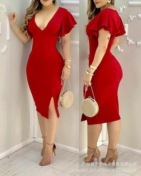 2022 red ruffled V-neck tight slit dress dresses for women  women dresses summer 2022