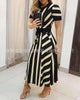 2022 summer style European and American striped long short sleeve women's round neck dress