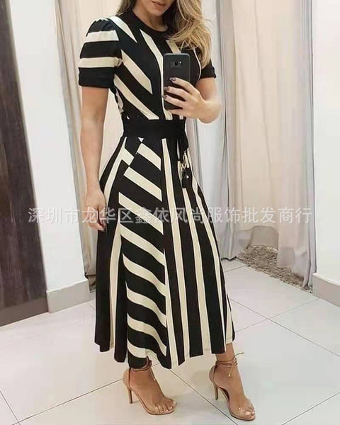 2022 summer style European and American striped long short sleeve women's round neck dress