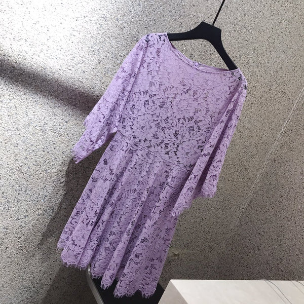 2022 women three-quarter sleeve round neck water soluble lace dress 0618