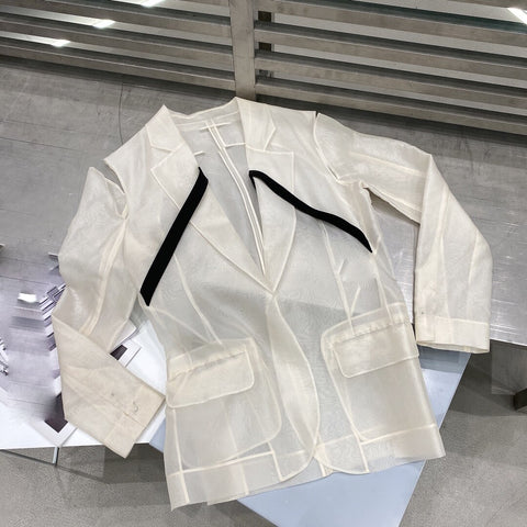 2022 spring and autumn personality open-sleeved hit color organza blazer 0724