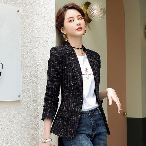 2023 spring autumn blazer women long sleeve tweed elegant coat ladies chic tops vintage plaid suit jackets and blazers casaco